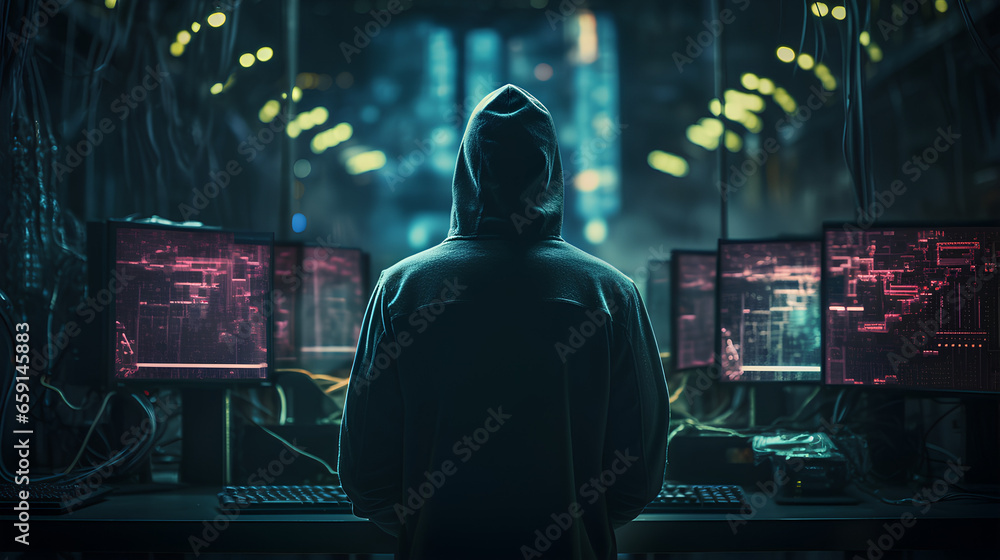 Dangerous Hooded Hacker Breaks into Government Data Servers and Infects Their System with a Virus. His Hideout Place has Dark Atmosphere, Multiple Displays, Cables Everywhere Dangerous Hooded Hacker Breaks into Government Data Servers and Infects Their System with a Virus. His Hideout Place has Dark Atmosphere, Multiple Displays, Cables Everywhere