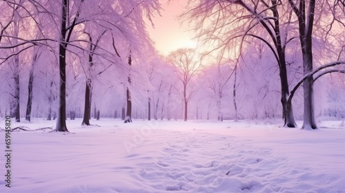 Trees in snow landscape background. Beautiful winter forest. Hello Winter concept..