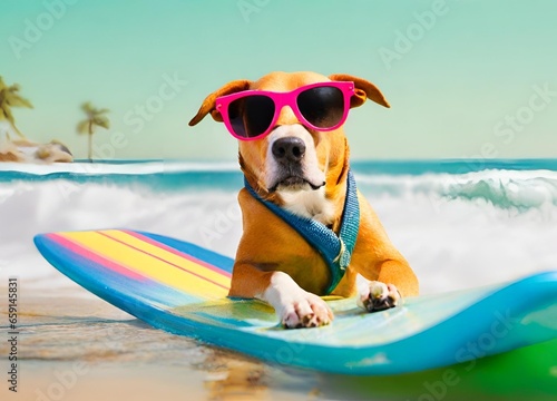 Dog wearing goggles surfing the ocean © Rukmaniah