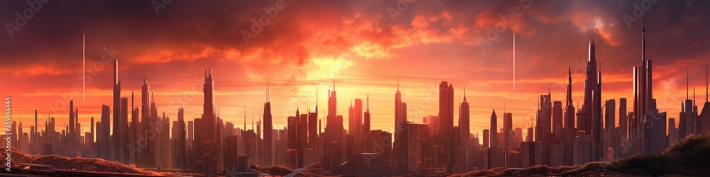 illustration, futuristic city at sunset, website header