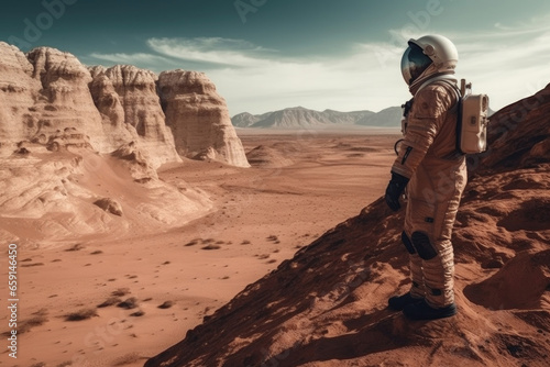 Realistic illustration. Martian landscape. Man in spacesuit on slope of red mountain looks into distance. Canyon of planet. Human in space. Concept of galaxy travel, tourism, discovery. Generative AI