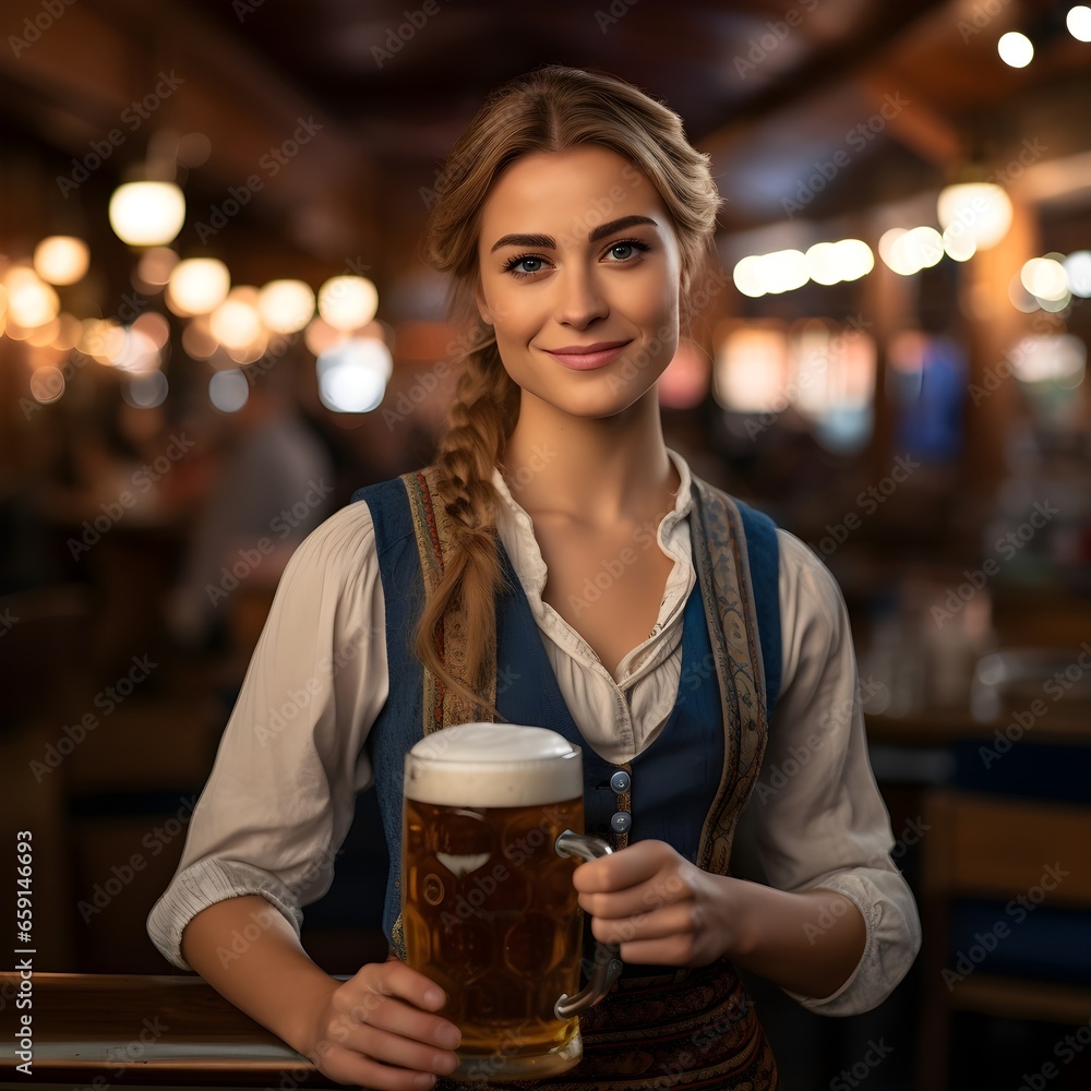  a german young woman is holding a large glass of beer
