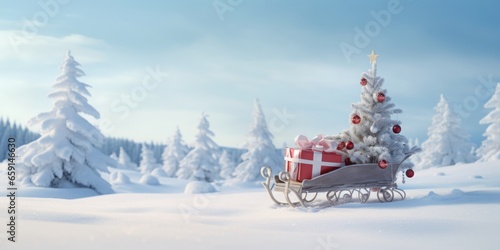 A Festive Christmas Sleigh on a Snowy Hill, Laden with Presents, Beneath a Snow-Adorned Pine Tree, Capturing the Magic of the Holiday Season