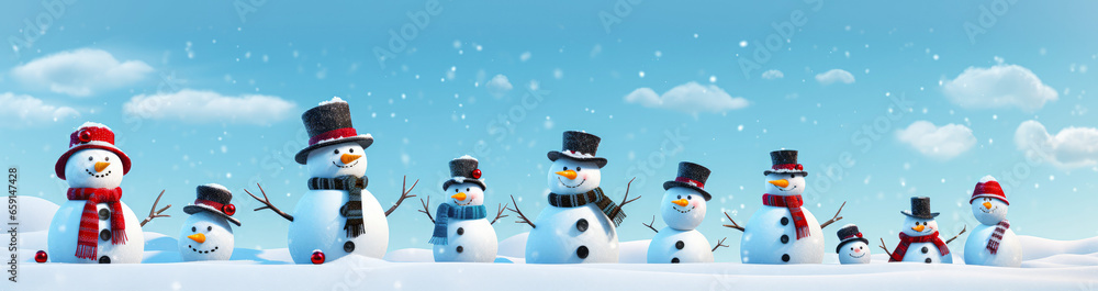 Panorama style creative concept, small sweet snowman friends made of white soft snow, cold winter days and New Year holiday idyll. Playing in the snow is part of a happy childhood.