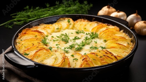 Dauphinois gratin potatoes on black background photo