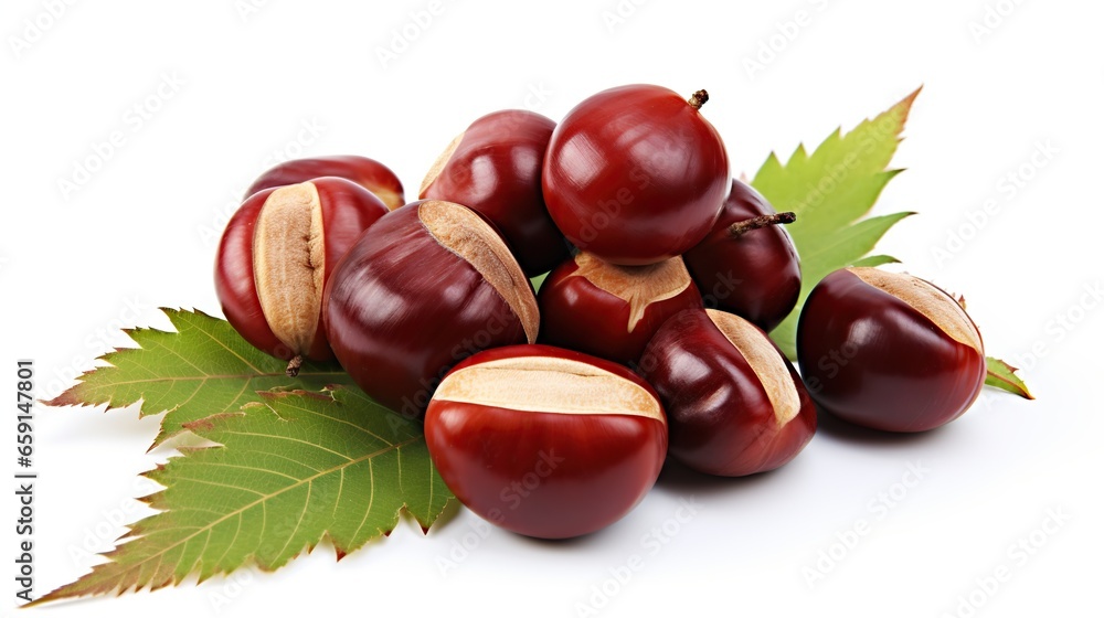 Chestnuts with leaves on a white surface and a white background. Chestnuts with leaves on a white surface and a white background.