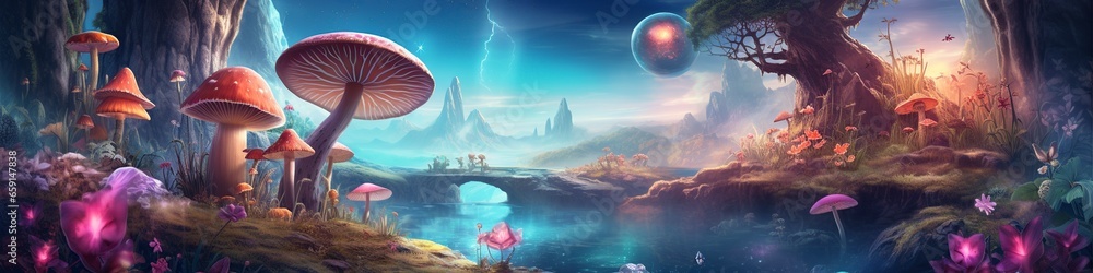 illustration, view of wonderland with mushrooms, lilies, lake and mountains with glow, website header