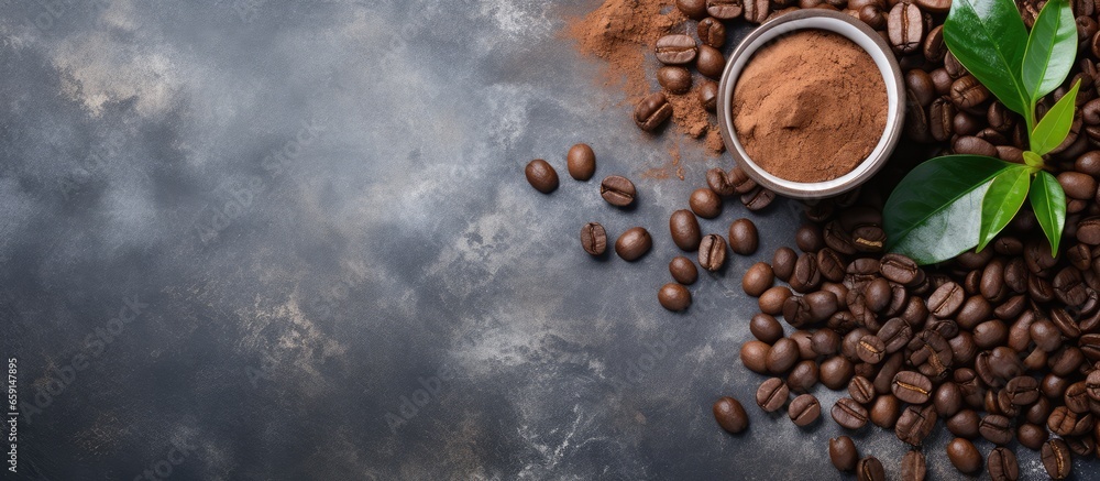 Coffee beans and powdered grind on stone background from a bird s eye view with room for your text Coffee beans and powdered grind on stone background from a bird s eye view with room for your text