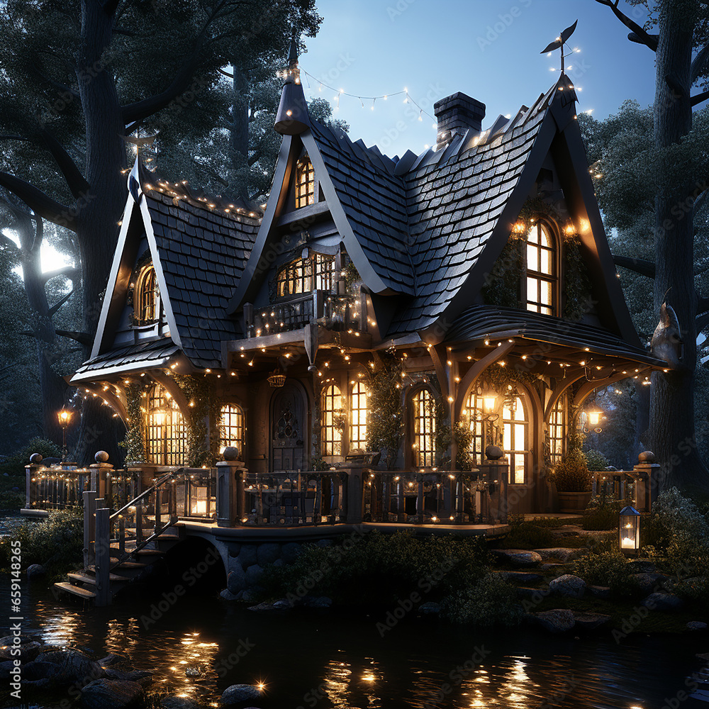 A fairy tale wonderland with nature and a small magical house