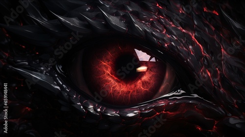 bright eye of a black scaled dragon close up