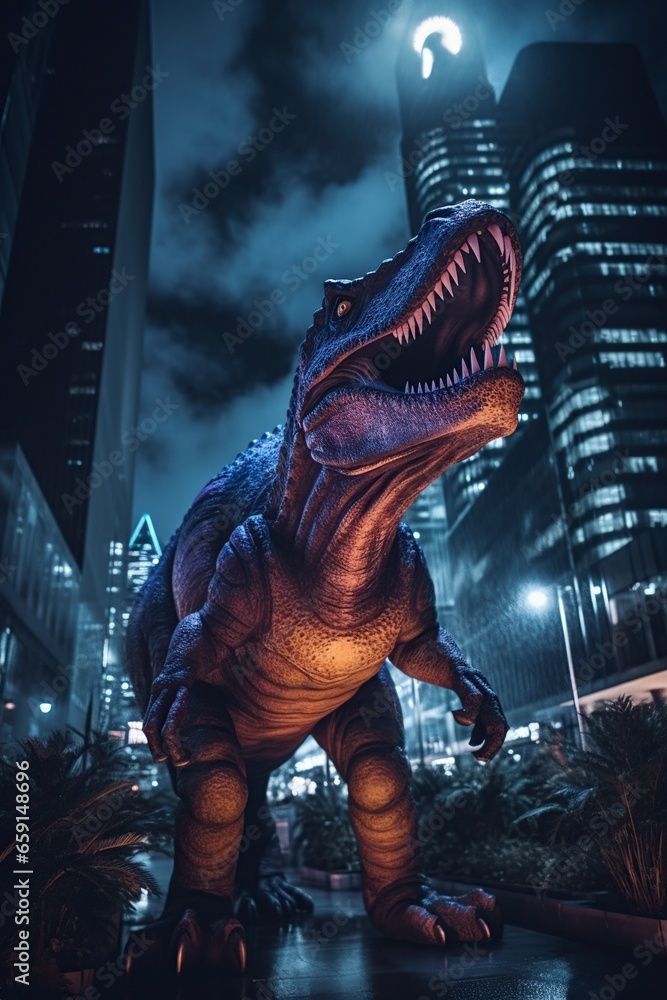 illustration, dinosaur roaring in the city illustration, dinosaur roaring in the city