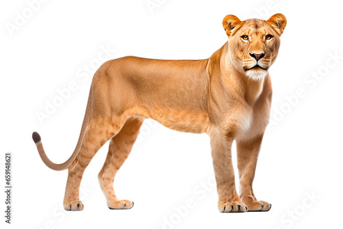 Lioness isolated on a transparent background. Animal right side portrait.	

