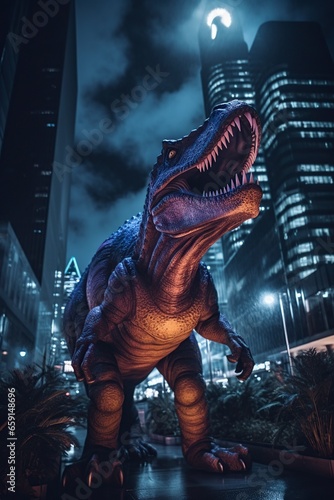 illustration, dinosaur roaring in the city