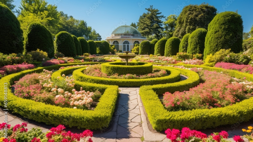 A colorful garden maze with flower beds, surrounded by nature's beauty. A pathway guides you through the labyrinth, offering a relaxing and serene experience