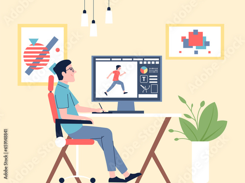Graphic designer character. Man working on project with computer. Digital design or animation, freelance concept. Young animator recent vector person
