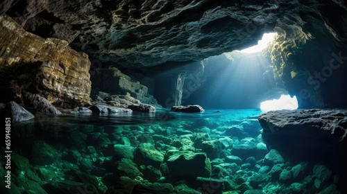 Underwater cave with crystal-clear turquoise water, sunlight filtering through, intricate formations, shadows, and vibrant tropical fish. A labyrinthine system of narrow passages