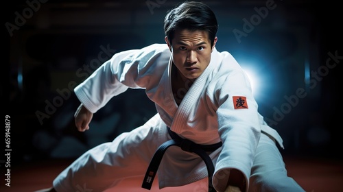 Judo practitioner in action, showcasing intense technique. Bright, vibrant lighting illuminates colorful uniform