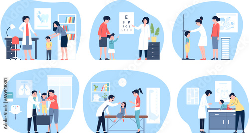 Pediatrician. Children medical examination, check up on doctors and nurses. Flat kids with mothers in hospital, healthcare recent vector scenes