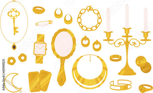 Gold accessories and jewelry. Golden necklace and key, earrings and bracelet. Luxury things, royal coins and watch. Female vintage racy vector set