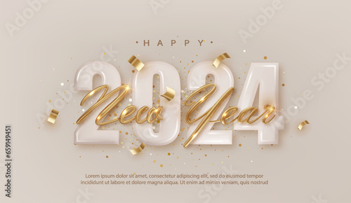 Happy New Year 2024. Realistic gold lettering New Year on Pastel number 2024.