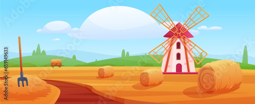 Hay rural landscape, countryside. Agriculture field with windmill and hays. Harvest time in village, farmland and road nowaday vector scene