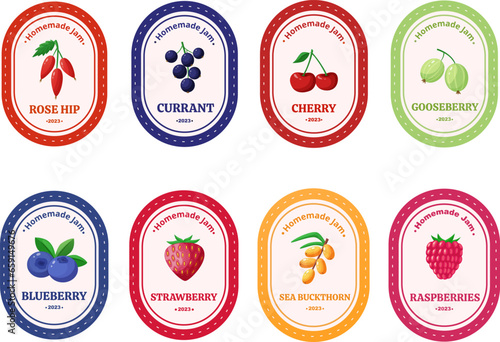 Berries jam stickers. Harvest products typography labels design. Decorative sticker with berry, cherry, strawberry nowaday vector template