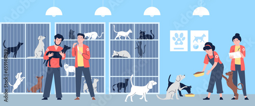 Animal shelter workers. Volunteers feeding and doing vaccine homeless animals. Cats and dogs in cages, adoption and social recent vector scene