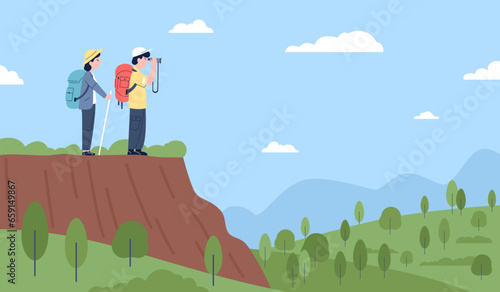 Couple in hiking on nature stand on mountain and look on valley. People choose future perspectives metaphor. Healthy lifestyle recent vector scene