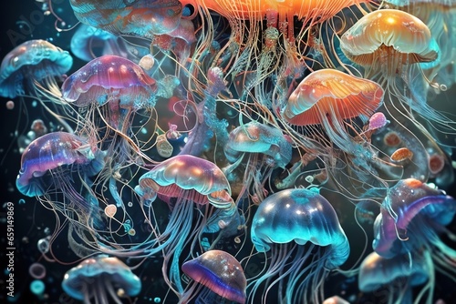 Illustration of an underwater world with a wide variety of jellyfish.