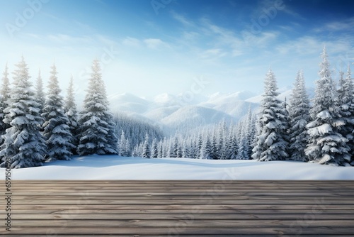 Scenic winter landscape with snowy wooden flooring, forest, and snow-covered fir-trees. Generative AI © Persephone