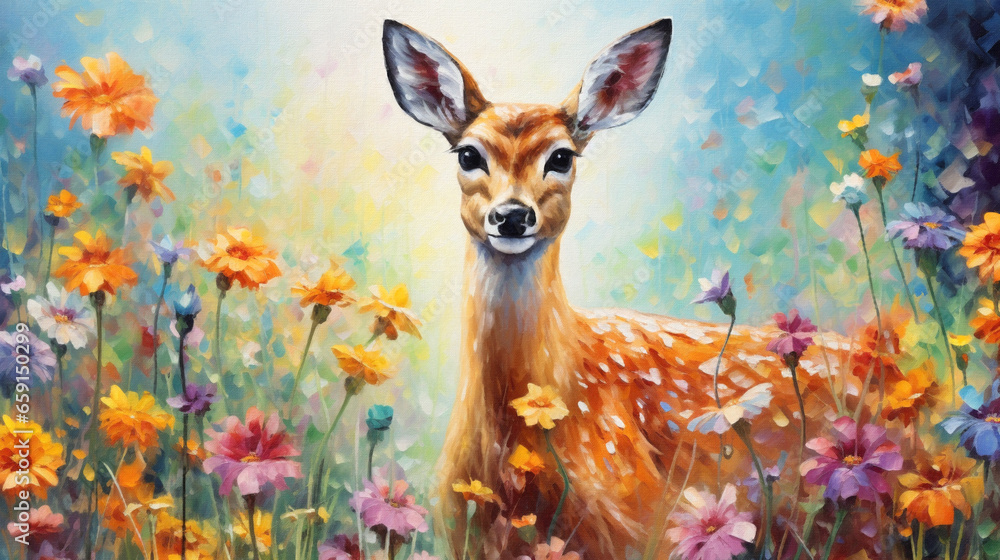 Oil painting of peaceful deer in a colorful blooming flower field, impressionism, canvas texture. Beautiful artistic image for poster, wallpaper, art print. - obrazy, fototapety, plakaty 