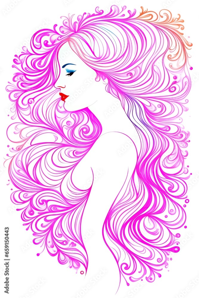 Sketch, line art a colorful portrait of a woman with long beautifully curled hair.