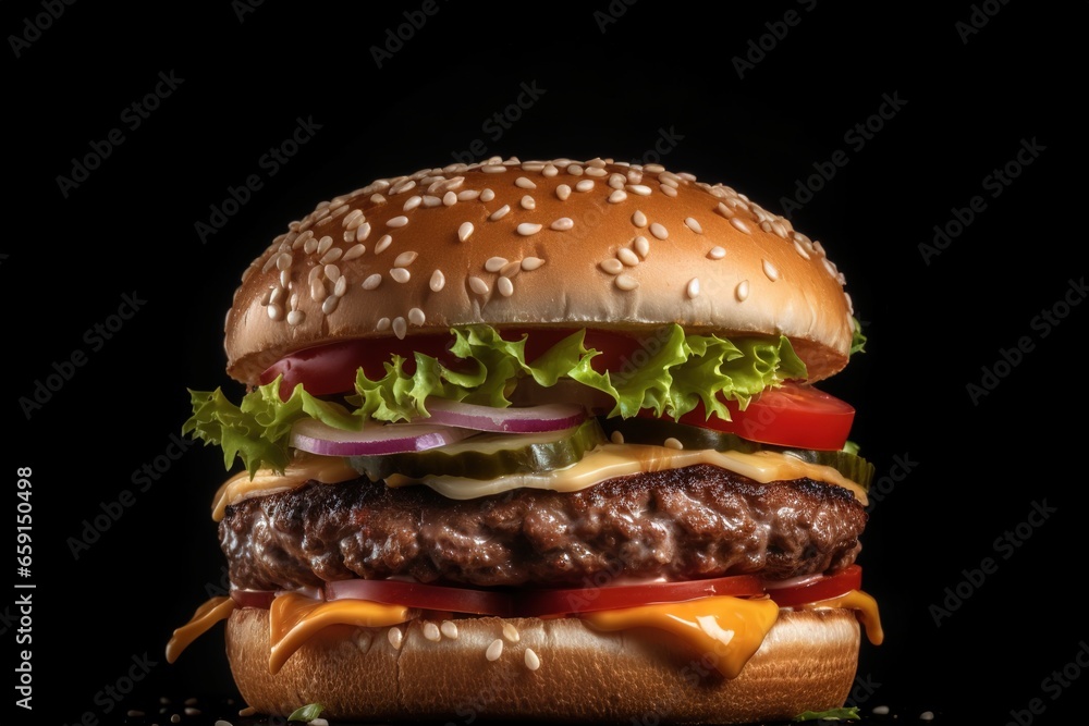 Fresh tasty burger on dark background, fast food tomato, meat, cheese, burger bun, green salad. Fresh tasty burger on dark background, fast food tomato, meat, cheese, burger bun, green salad.
