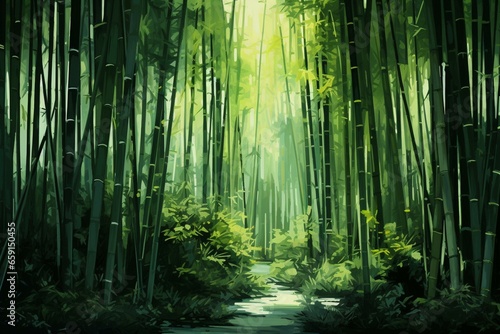 Bamboo grove in a digital landscape. Generative AI © Leandro