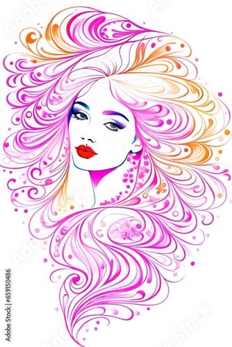 Sketch, line art a colorful portrait of a woman with long beautifully curled hair.