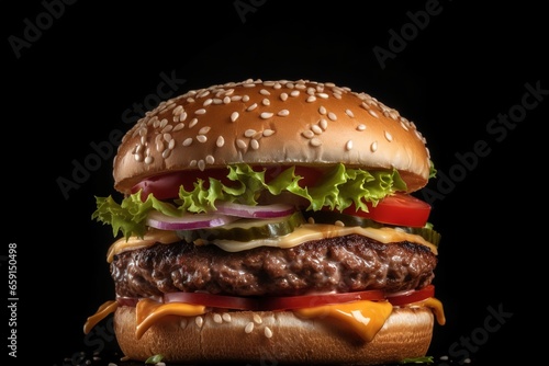 Fresh tasty burger on dark background  fast food tomato  meat  cheese  burger bun  green salad.