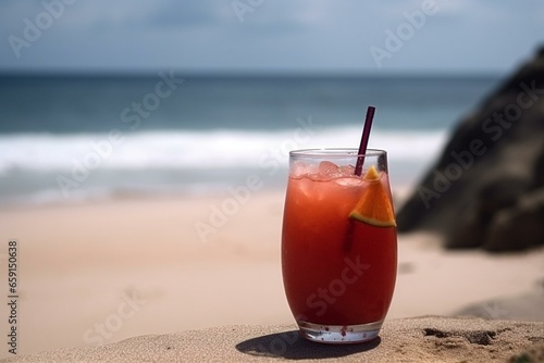 Refreshing drink on sandy beach with ocean view. Generative AI