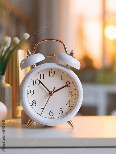 Close-up of an alarm clock on the background of a bright room, bed and window with curtains