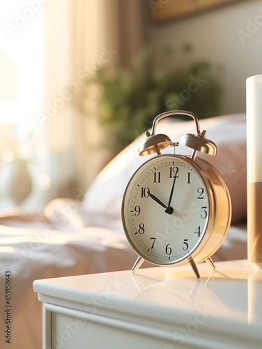 Close-up of an alarm clock on the background of a bright room, bed and window with curtains