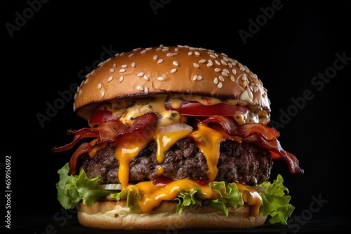 Fresh tasty burger on dark background, fast food tomato, meat, cheese, burger bun, green salad.