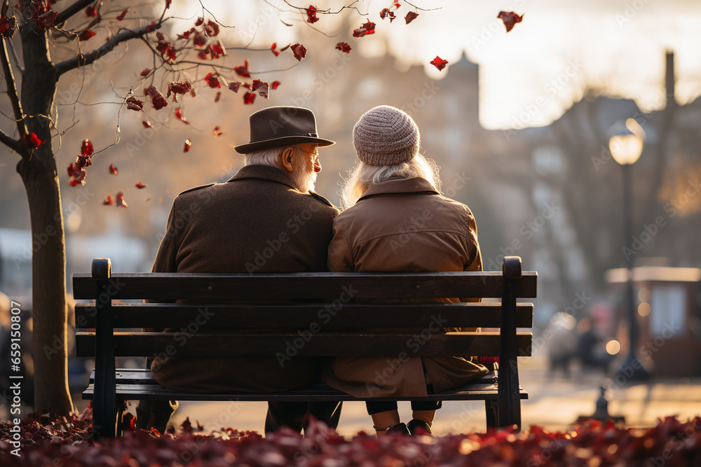 aged couple sitting on a bench in the sunshine showing her backs
 - obrazy, fototapety, plakaty 