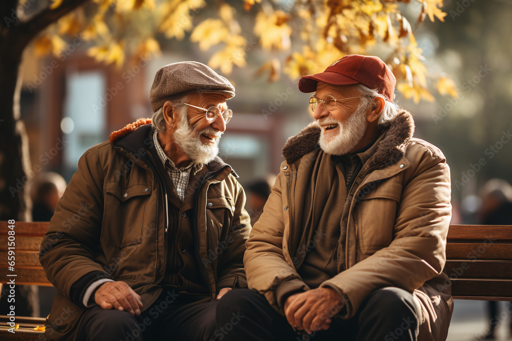 aged male couple sitting on a bench in the sunshine at a autumn day
