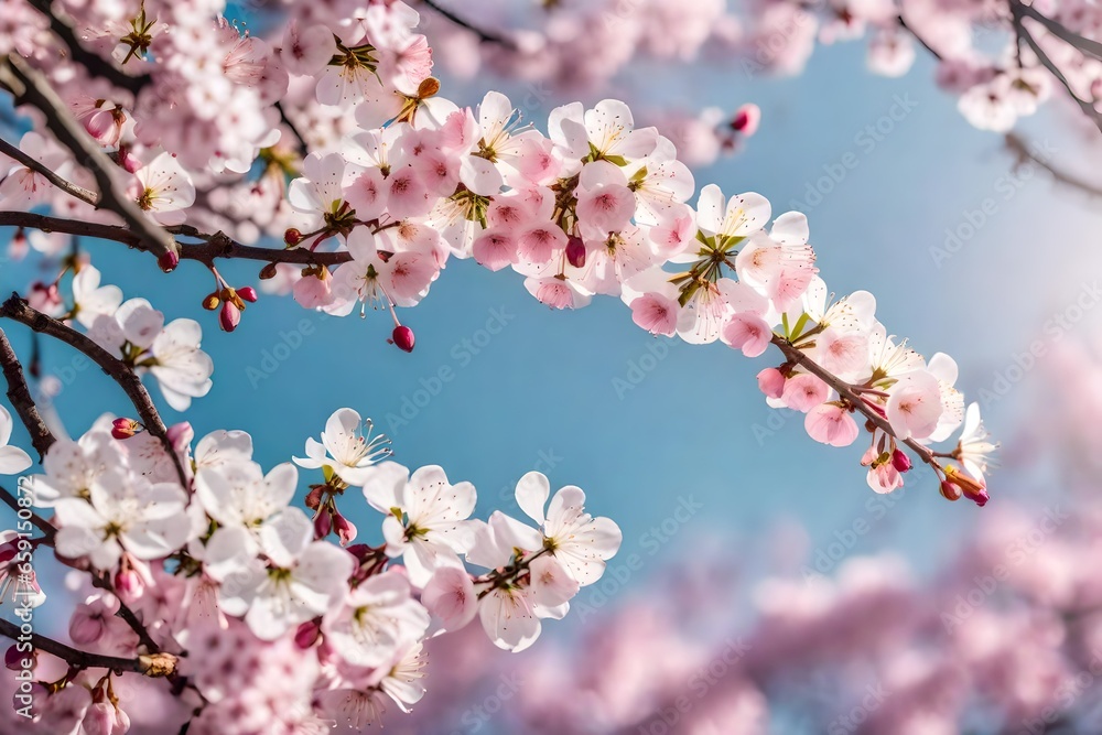 Delicate cherry blossoms adorning a tree branch, creating a beautiful pink canopy - AI Generative