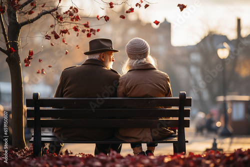 aged couple sitting on a bench in the sunshine showing her backs
