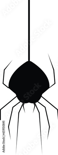 Spider Black Widow. Black bug spider silhouette, isolated white background. Scary Halloween icon, symbol horror, animal arachnid, creepy dangerous insect, arachnophobia fear