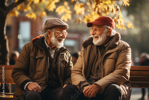 aged male couple sitting on a bench in the sunshine at a autumn day © bmf-foto.de