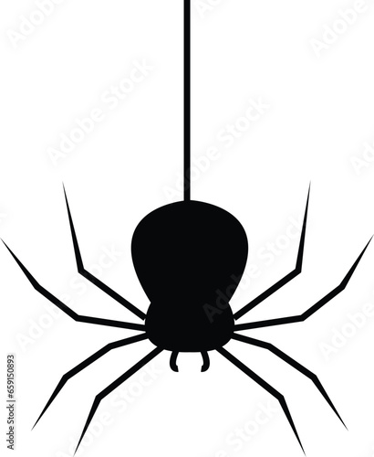 Spider Black Widow. Black bug spider silhouette, isolated white background. Scary Halloween icon, symbol horror, animal arachnid, creepy dangerous insect, arachnophobia fear