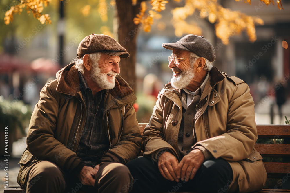 aged male couple sitting on a bench in the sunshine at a autumn day