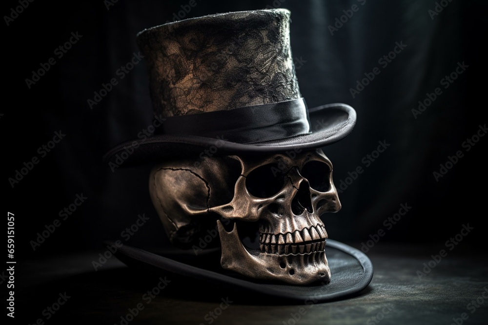 eerie skull in a dark top hat. Generative AI