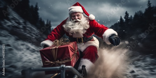 Joyful Santa Claus Laughing as He Rushes Down the Mountain on a Wooden Sleigh, Delivering Christmas Gifts in a Festive Holiday Scene